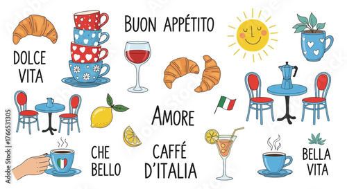 Italian Food and Culture Clipart Set with Hand-Drawn Style