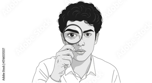 Close-Up Investigation Man with Magnifying Glass Detailed Illustration