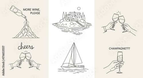Elegant Wine, Champagne, and Island Themed Line Art Illustrations