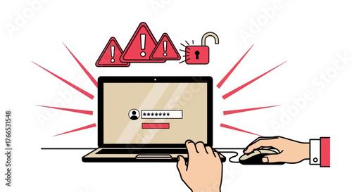 Cybersecurity Risks Unlocked Padlock and Warning Signs on Laptop Screen