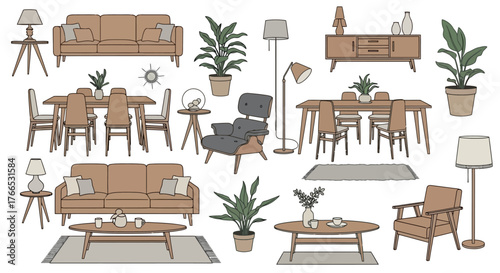 Cozy living room furniture collection vector illustration