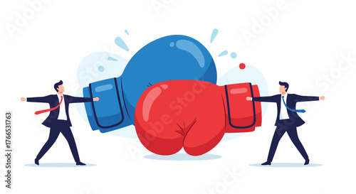 Two businessmen in suits are ready to fight with large red and blue boxing gloves in a conceptual illustration.