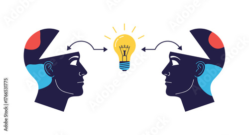 Two silhouetted heads facing each other with an illuminated lightbulb in between them, representing an idea being shared.