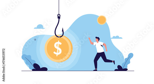 Man chasing a dollar coin on a fishing hook representing greed or financial temptation.