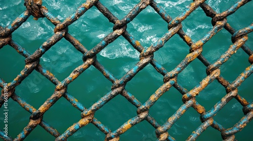 Gritty charm meets ocean's depths: A weathered chain-link fence offers unique texture against the calming turquoise sea, perfect for adding depth to your project