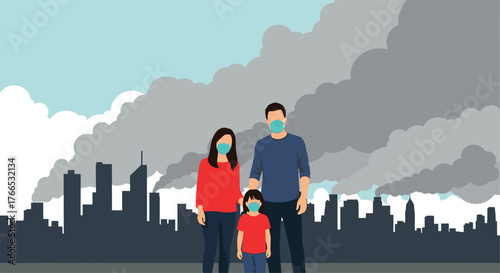 Family wearing masks in front of a polluted city skyline with heavy smoke from factories.