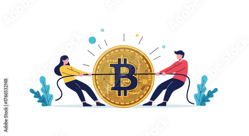 Two people are playing tug of war with a bitcoin symbol in the middle.