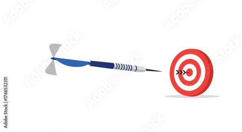 A blue and white dart flying towards a red and white bullseye target.