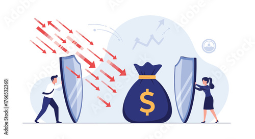 Business people using shields to protect a money bag from falling red arrows.