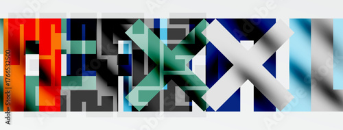 Abstract geometric composition. Rectangles overlap, creating complex visual texture. Colors include red, blue, green, gray.
