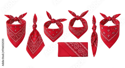 Collection of red bandanas with white paisley pattern transparent background cutout png