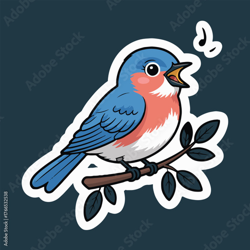 Cartoon illustration of a bluebird perched on a branch singing with musical notes above its head