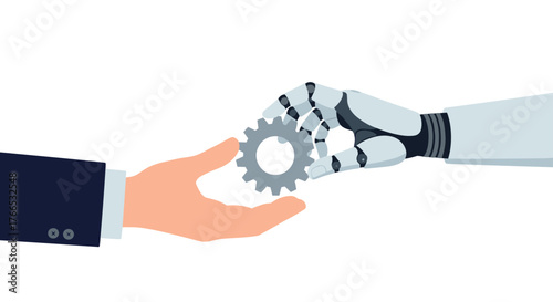 A robotic hand passes a gear to a human hand, symbolizing collaboration and technology transfer.