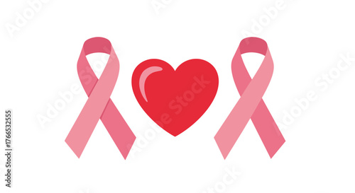 Two pink ribbons flank a red heart, symbolizing support and love for breast cancer awareness.