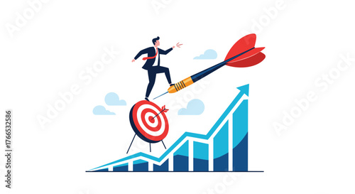 Businessman balancing on a dart and target on an upward trending graph.