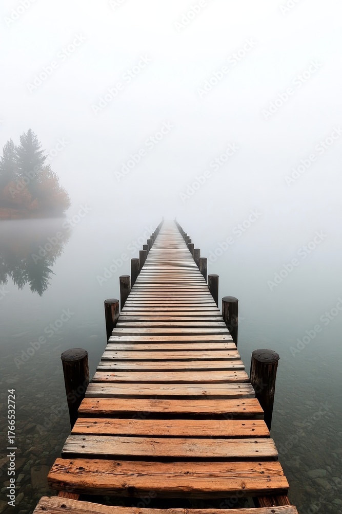 Fototapeta premium A Long Wooden Pier Disappearing into Ethereal Morning Mist Over a Tranquil Lake Reflecting Serenity