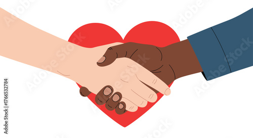 Two hands, one light-skinned and one dark-skinned, shake hands in front of a red heart.