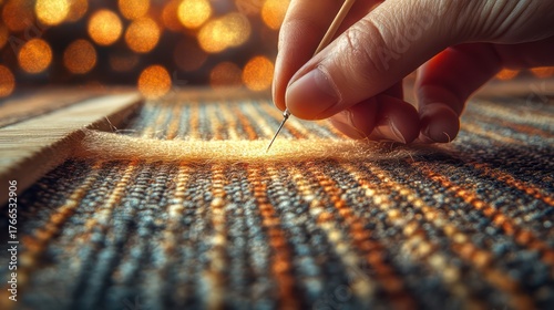 Intricate carpet repair work with needle and thread creates a textural masterpiece, showcasing detailed craftsmanship and beautiful bokeh lights