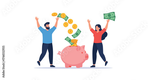 Happy people celebrating while throwing money and coins into a piggy bank.