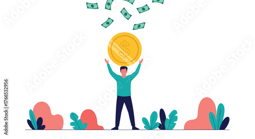Man holding a large gold coin with money falling from the sky, symbolizing financial success and wealth.