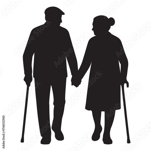 Disabled elderly people silhouettes: senior couple walking, elderly woman with crutches, and old hiker trekking