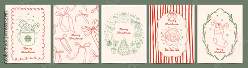 Christmas vintage greeting card set with doodle hand drawn whimsical Christmas tree, Santa Claus, cocoa, socks. Xmas retro poster, cover, background sketch line art style.