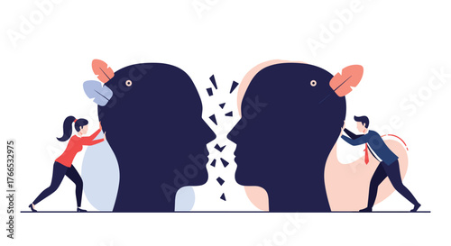 Two people push large stylized heads towards each other, representing communication and conflict.