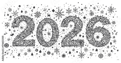  A black and white decorative illustration featuring 2026 with elaborate patterns, snowflakes, stars, and festive motifs. Perfect for New Year celebrations, seasonal campaigns, posters