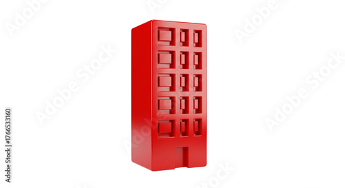 Tall 3D Apartment Building Icon, Glossy Red, Isolated on White