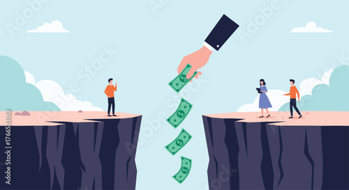 Hand dropping money across a chasm between two groups of people.