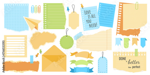 Torn paper notes, tags, stickers, notebook sheets, banners, duct tapes, paper clips, pins, envelope. Sticky elements, reminders for mood boards, daily planner, scrapbooking, memo message. Vector Isola