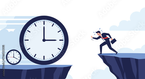 Man in suit panics on cliff edge as giant clock rushes towards him and begins to chime.