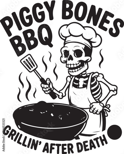 Chef with spatula grilling in a pan with steam and text cooking barbecue