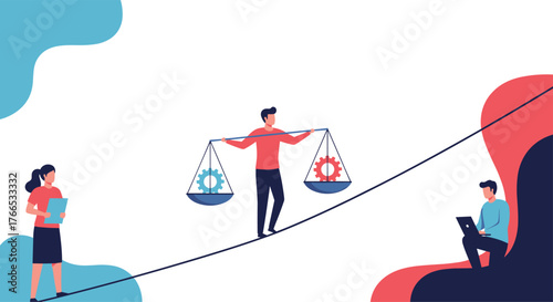 Man balancing gears on a tightrope between two people, symbolizing teamwork and strategy.