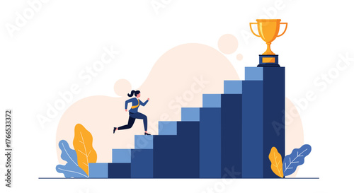 Woman running up stairs towards a trophy, symbolizing success and achievement.