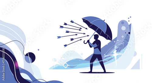 Silhouette of a person holding an umbrella against a barrage of incoming arrows.