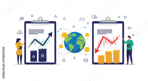 Illustration of fluctuating stock market trends and global economics with oil and coin symbols.
