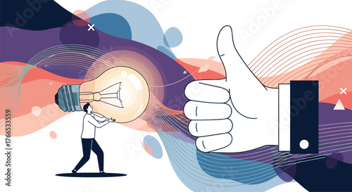Man holding large lightbulb representing an idea towards a giant thumbs up sign.