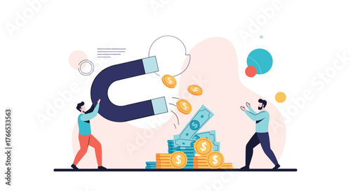 A large magnet attracts money and coins towards two people in a conceptual illustration.