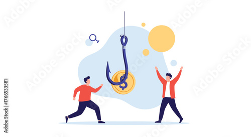 Two men are lured by a coin on a fishing hook, representing the temptation of easy money.