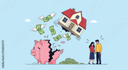 Couple watches sadly as their house and money fly out of a broken piggy bank.