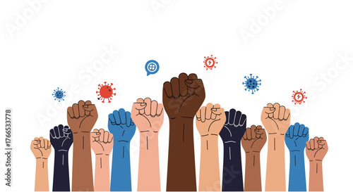Diverse fists raised in protest against a backdrop of virus symbols and a globe icon.