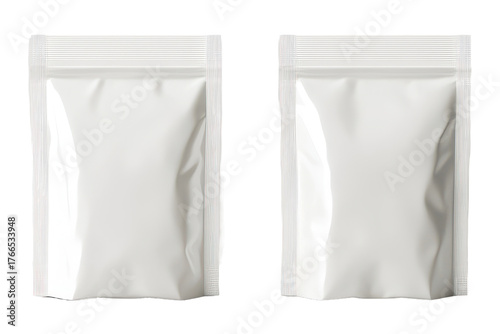 Blank silver stand up pouches with ziplock isolated on transparent background. A blank white stand-up pouches isolated on white background.