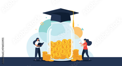 Graduation cap atop a jar filled with coins, symbolizing educational savings and investment.