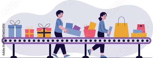 People working on a conveyor belt with gifts and shopping bags