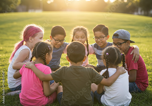  group of kids friends arm around sitting together