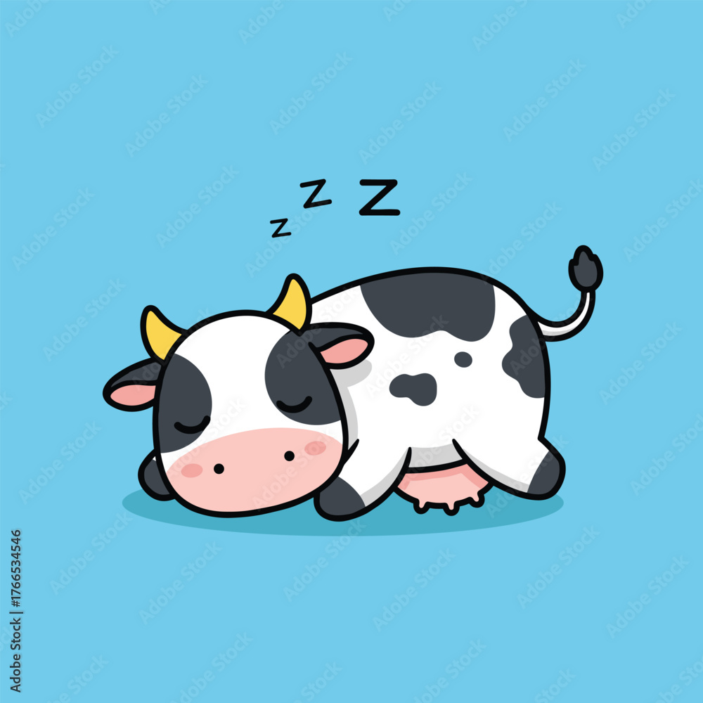 Fototapeta premium Adorable cartoon holstein cow sleeping peacefully on a bright blue background vector illustration