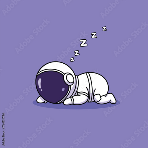 Adorable cartoon astronaut napping peacefully on a vibrant purple background with zzz symbols vector illustration