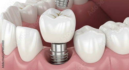 Dental implant placement and teeth model highlighting modern restorative dentistry