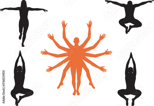 Dance silhouette, expressive movement, artistic pose, radial energy, multiple limbs, cultural symbolism, human form, choreography concept, spiritual motion, abstract figure, performance art
